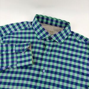 Twillory Performance Fabric Shirt Mens 17 36/37 Tailored Fit Green Blue Gingham